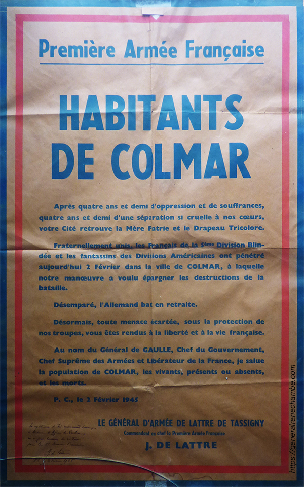 René Chambe - de Lattre de Tassigny à Colmar Affiche 5 février 1945