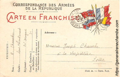 René Chambe - 20e Dragons - Carte en franchise du 8 octobre 1914