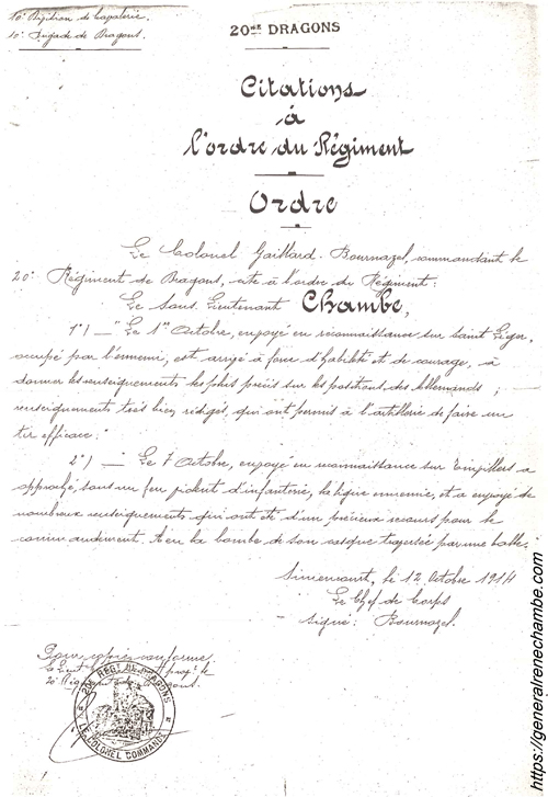 René Chambe - 20e dragons citations 1914