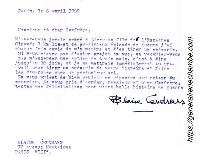 Lettre de Blaise Cendrars à René Chambe du 6 avril 1939 à propos d'une adaptation en scénario du livre L'escadron de Gironde